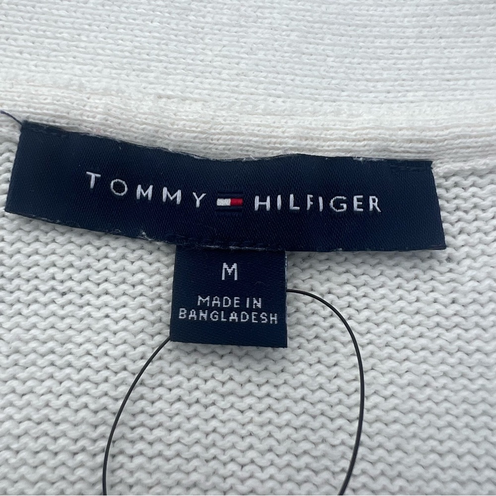 Tommy Hilfiger Cream Cable-Knit Cardigan with Red and Black Stripe Cuffs Size M - Picture 3 of 4